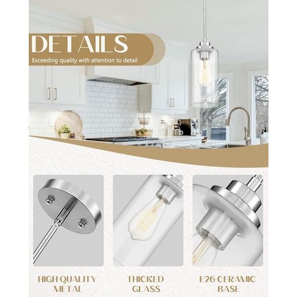 Pendant Light Fixture Brushed Nickel Clear Glass, Kitchen Dining Room Bedroom - Picture 4 of 7